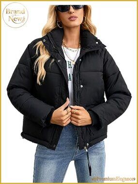 Womens Cropped Puffer Jacket Full Zip Quilted Winter Coat with Pockets